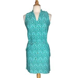 Helen Jon Sanibel Costa Del Sol Green Aqua V-Neck Drawstring Waist Dress Beachy